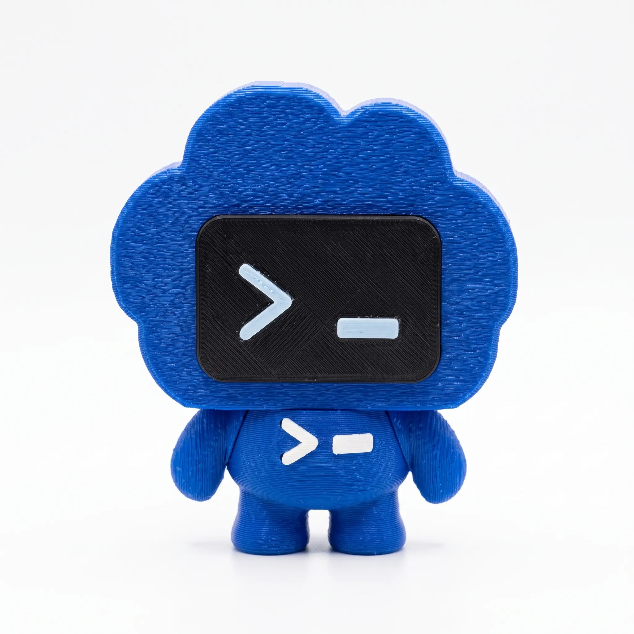 Codex, boneco azul em forma de nuvem com a tela >_. Render 3D da peça real.